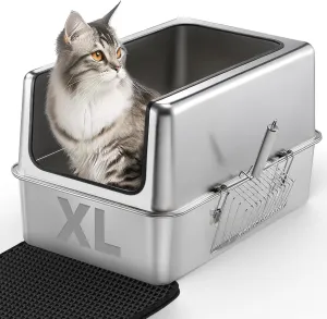 IPOW XXL All Stainless Steel Litter Box & Mat for Large Cats - Ultra Sturdy & Odor-Free