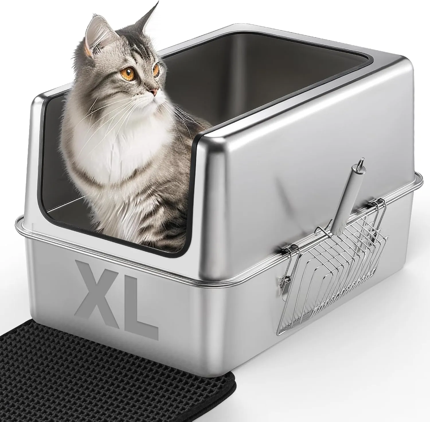 IPOW XXL All Stainless Steel Litter Box & Mat for Large Cats - Ultra Sturdy & Odor-Free