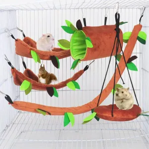 ISMARTEN 5pcs Hamster Hammock Small Animals Hanging Warm Bed House Cage Nest Accessories Forest Pattern Cage Toy Leaf Hanging Tunnel and Swing for Sugar Glider Squirrel Hamster Playing Sleeping