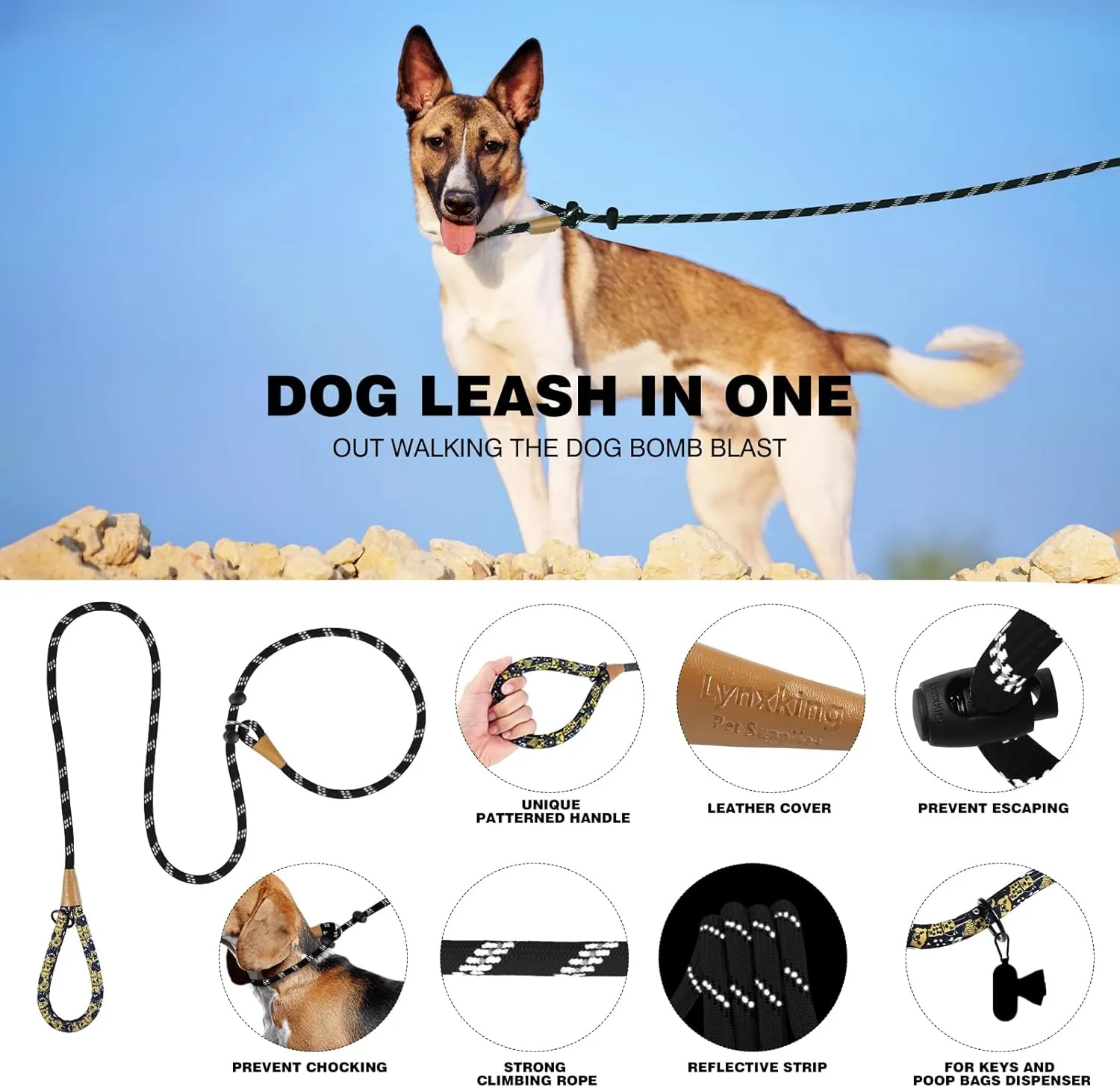 lynxking Slip Lead Dog Leash Reflective, Heavy Duty Comfortable Strong Rope for Large Medium Small Dogs No Pull Pet Training (Black, Large 1/2in x 6ft-Slip Lead)