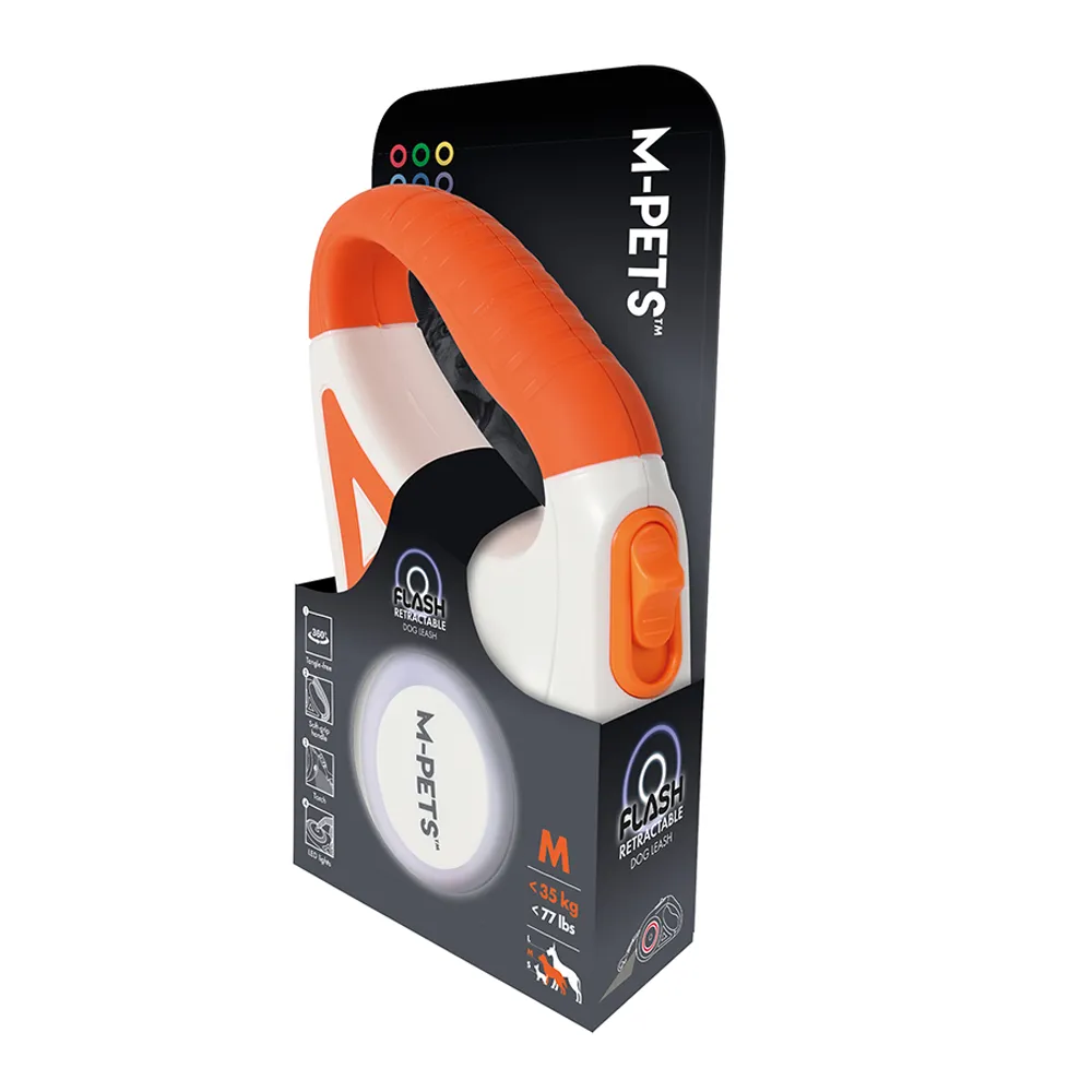 M-PETS Flash Retractable Leash White & Orange