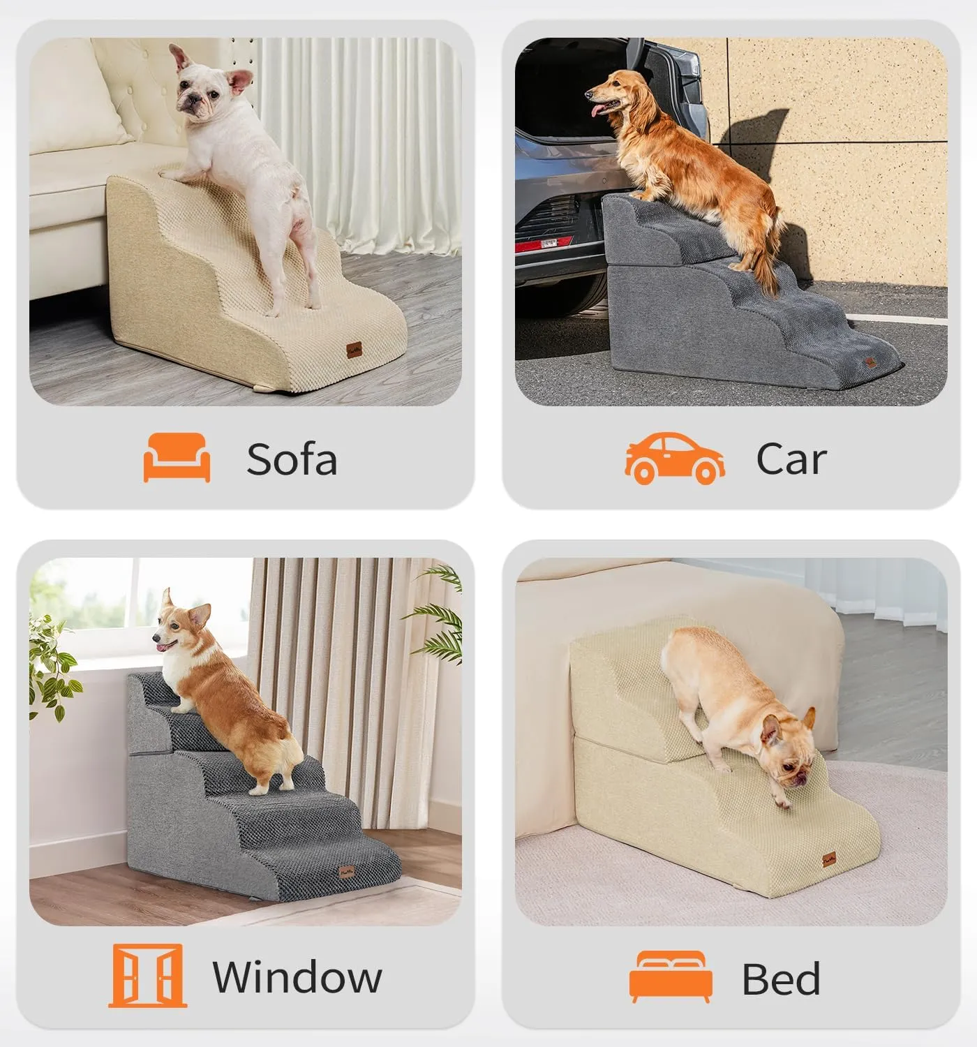 Made4Pets Dog Stairs Ramp for Bed, 4-Step Dog Steps for High Bed Couch Sofa Climbing, 35D Foam Pet Steps for Small Dogs and Cats, Non-Slip Bottom Pet Stairs, Grey