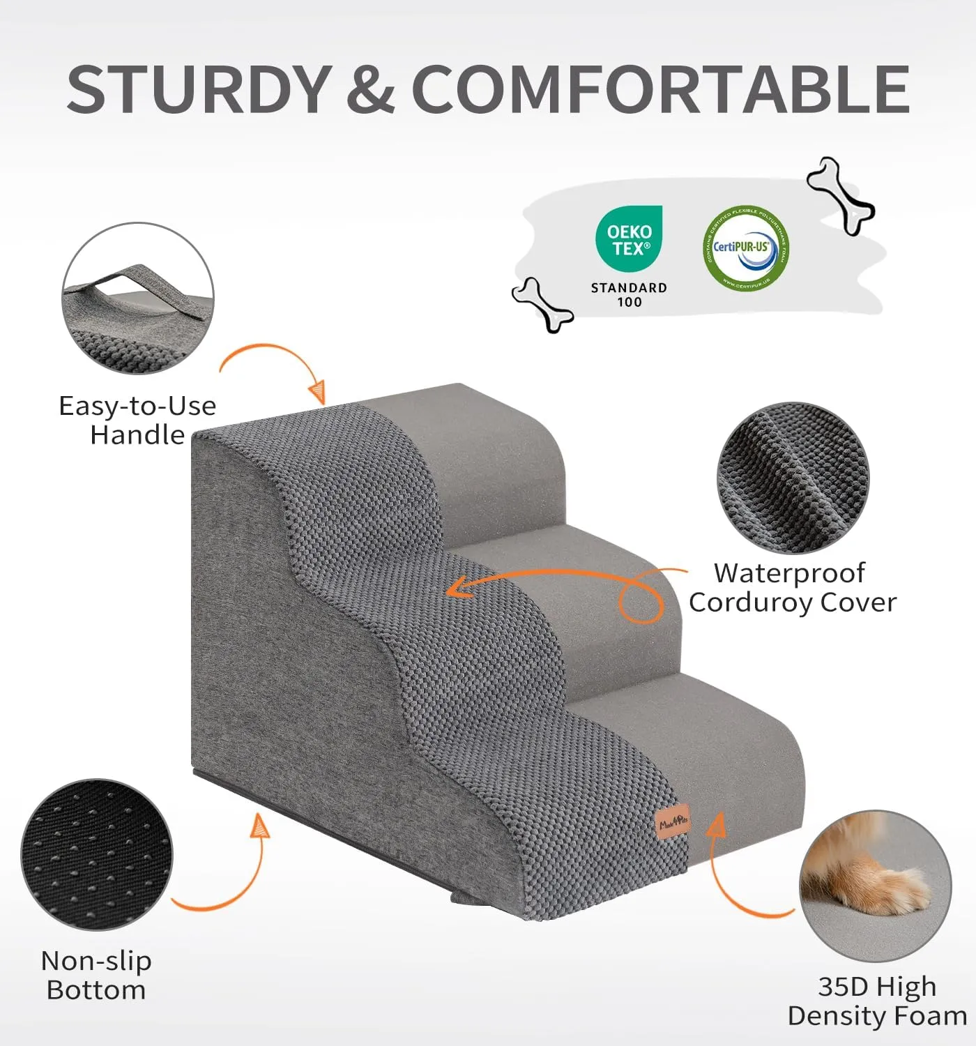 Made4Pets Dog Stairs Ramp for Bed, 4-Step Dog Steps for High Bed Couch Sofa Climbing, 35D Foam Pet Steps for Small Dogs and Cats, Non-Slip Bottom Pet Stairs, Grey