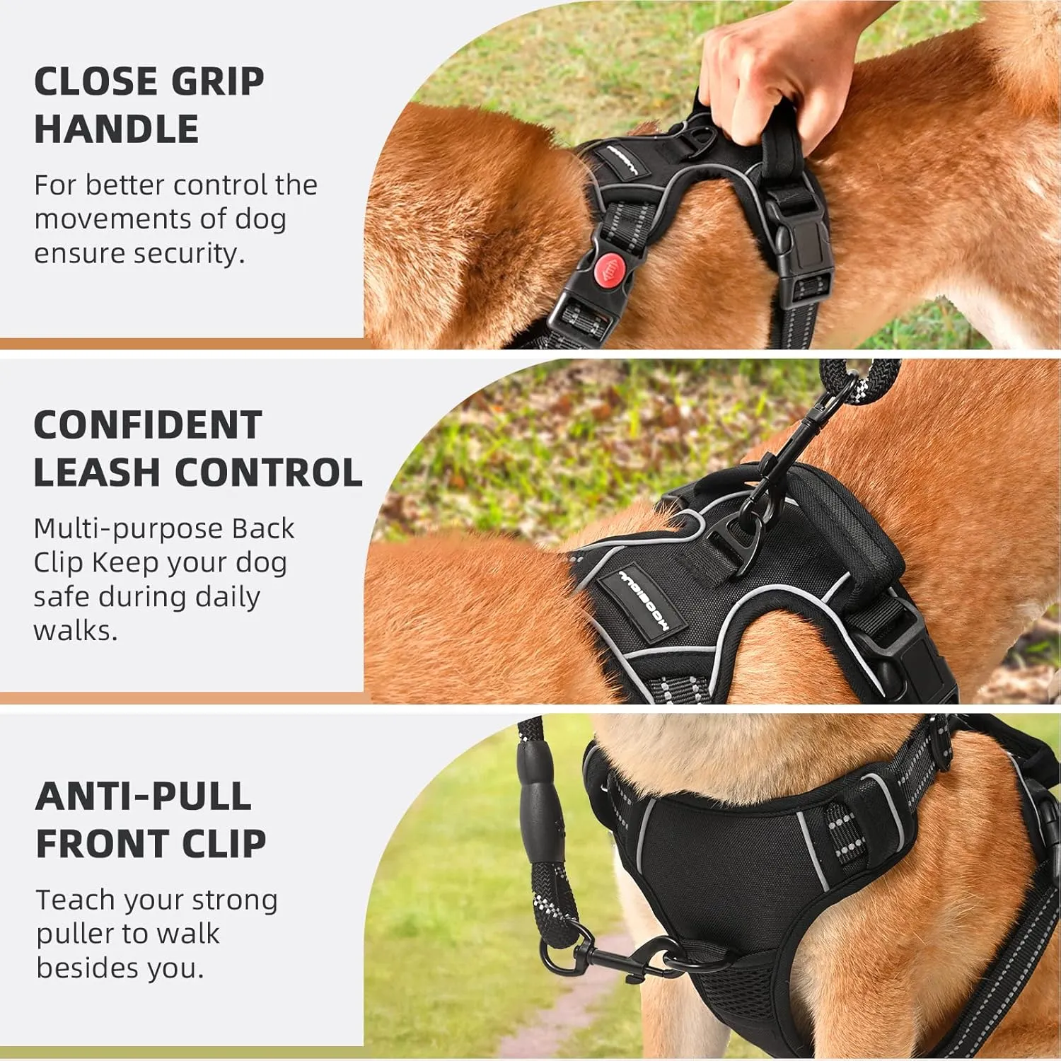 No Pull Dog Harness with A Free Heavy Duty 5ft Dog Leash, Adjustable Soft Padded Dog Vest, Reflective No-Choke Pet Oxford Vest with Easy Control Handle for Small and Large Dogs(Black, Large)