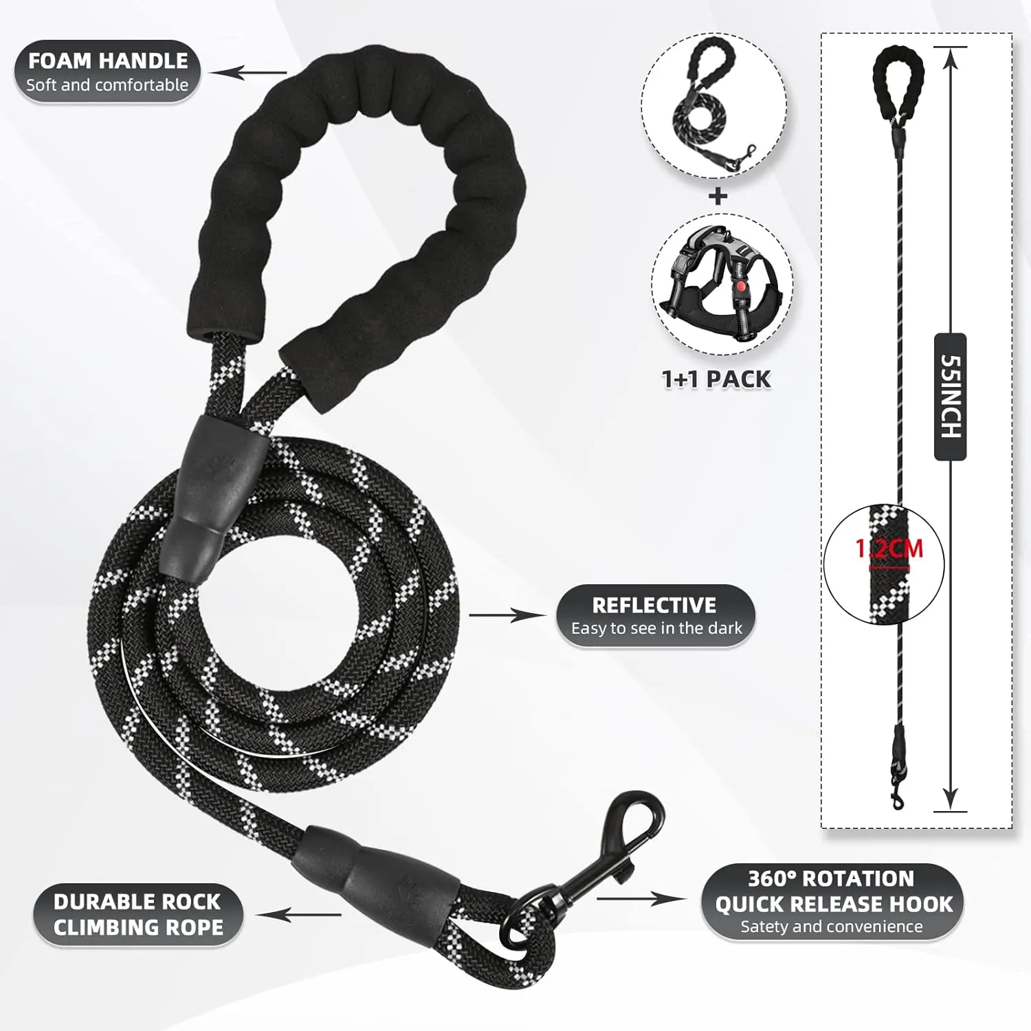 No Pull Dog Harness with A Free Heavy Duty 5ft Dog Leash, Adjustable Soft Padded Dog Vest, Reflective No-Choke Pet Oxford Vest with Easy Control Handle for Small and Large Dogs(Black, Large)