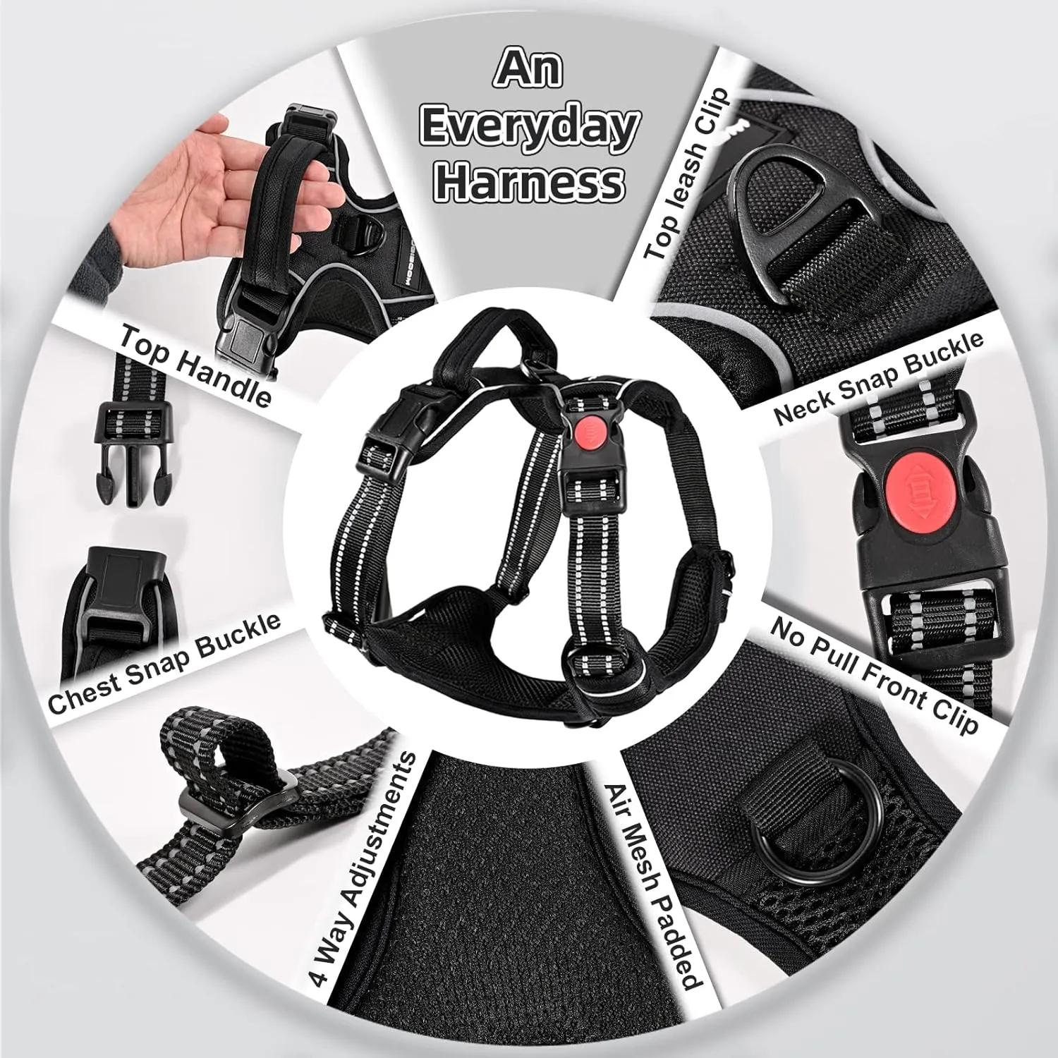 No Pull Dog Harness with A Free Heavy Duty 5ft Dog Leash, Adjustable Soft Padded Dog Vest, Reflective No-Choke Pet Oxford Vest with Easy Control Handle for Small and Large Dogs(Black, Large)