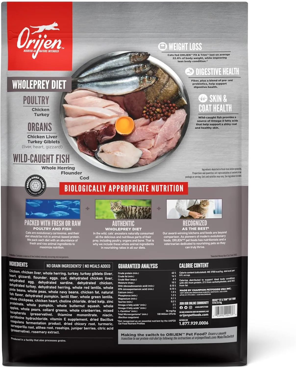 ORIJEN Fit and Trim Dry Cat Food, Grain Free Cat Food for Adult Cats, with WholePrey Ingredients, 12lb