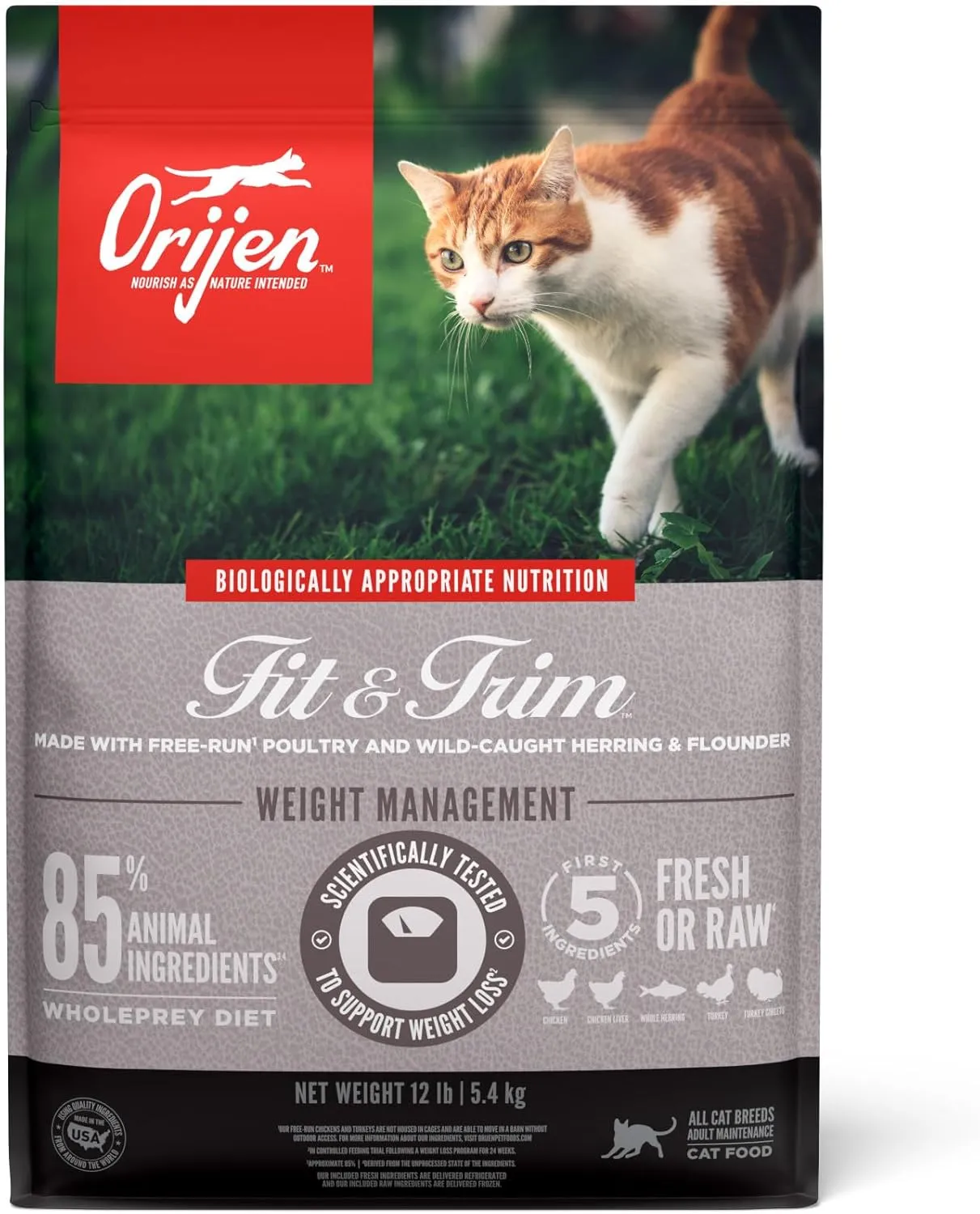 ORIJEN Fit and Trim Dry Cat Food, Grain Free Cat Food for Adult Cats, with WholePrey Ingredients, 12lb