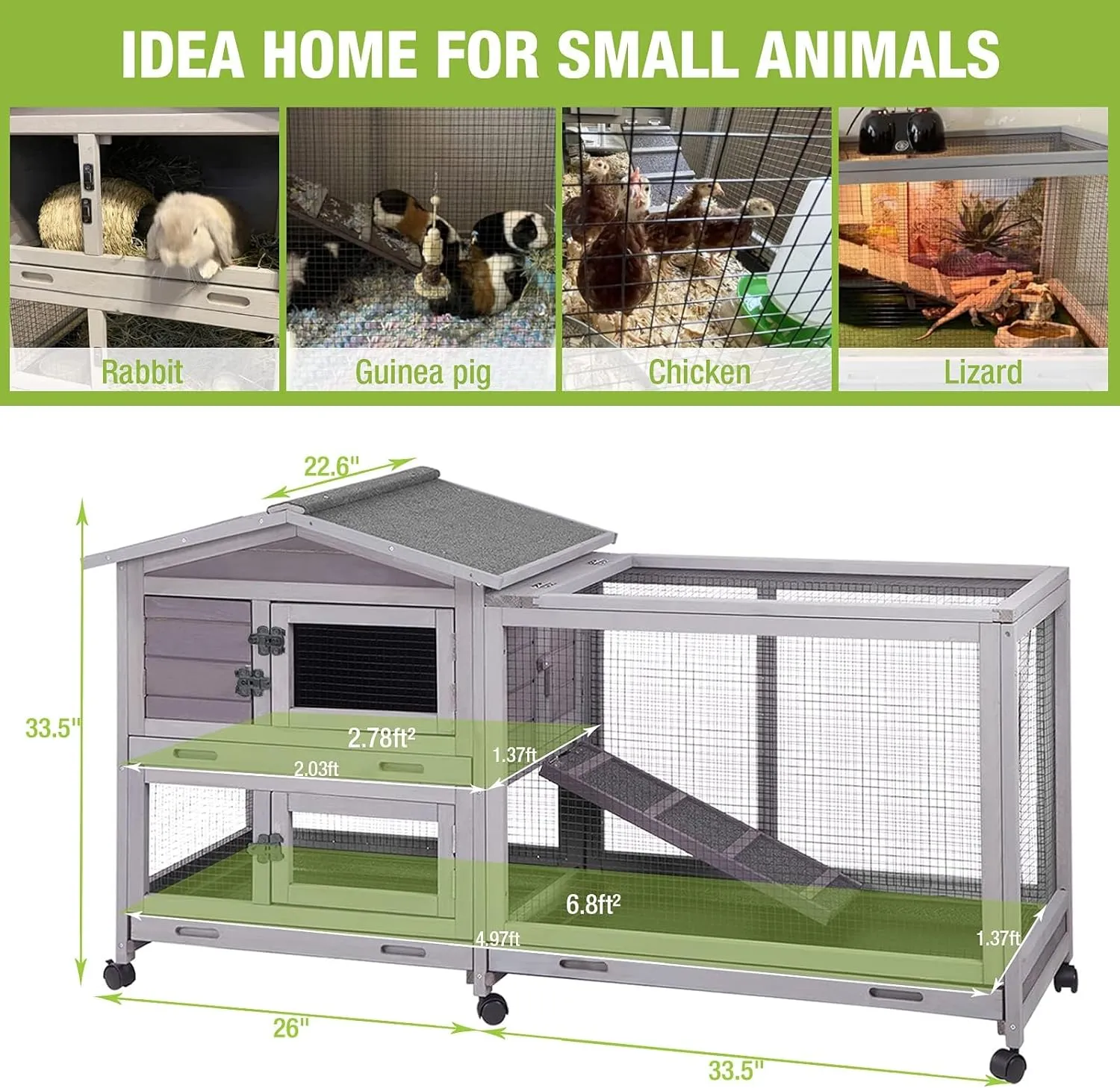 Outdoor Rabbit Hutch Indoor Bunny on Wheels Large Guinea Pig Cage with Run for Any Small Animals,Removable Pull Out Tray