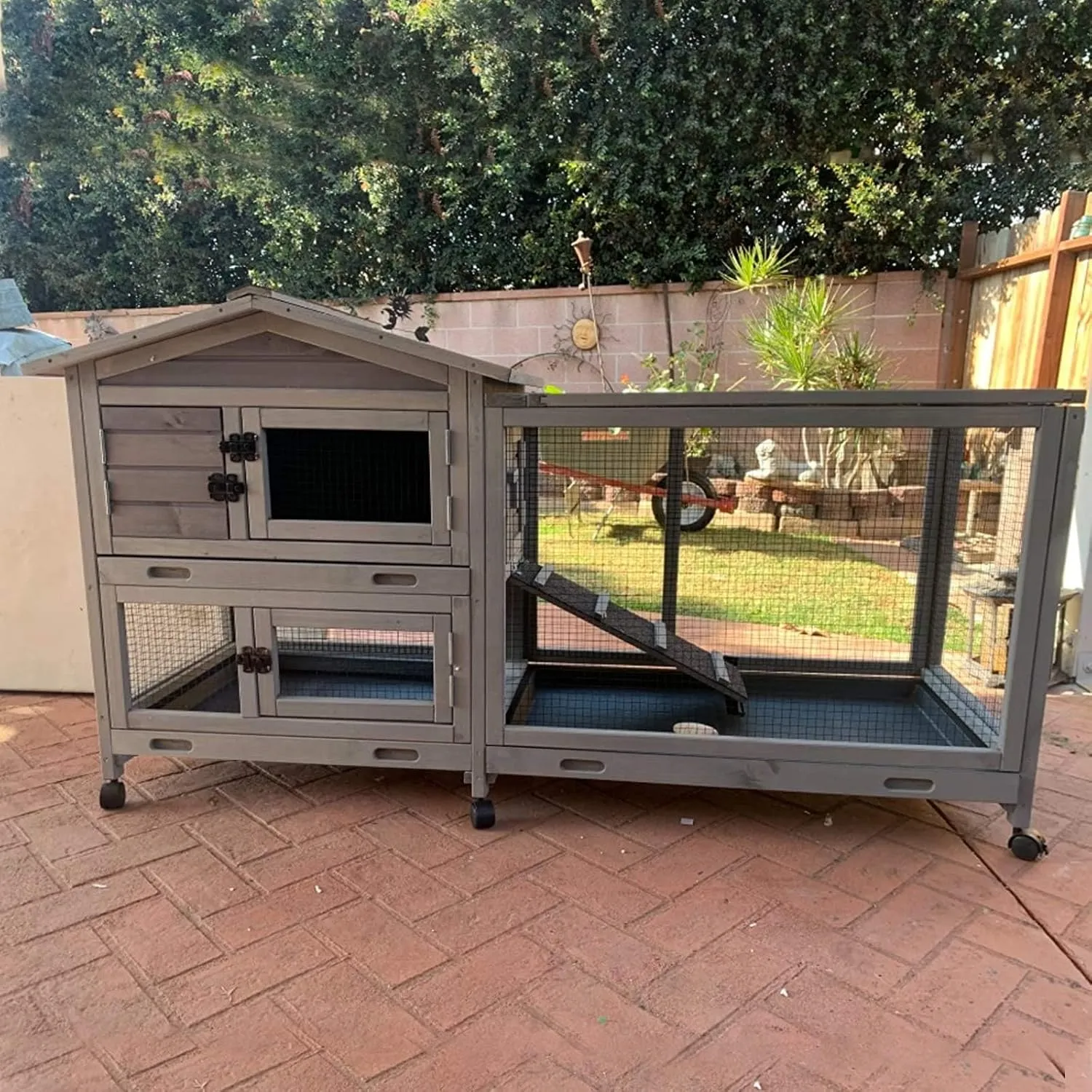Outdoor Rabbit Hutch Indoor Bunny on Wheels Large Guinea Pig Cage with Run for Any Small Animals,Removable Pull Out Tray