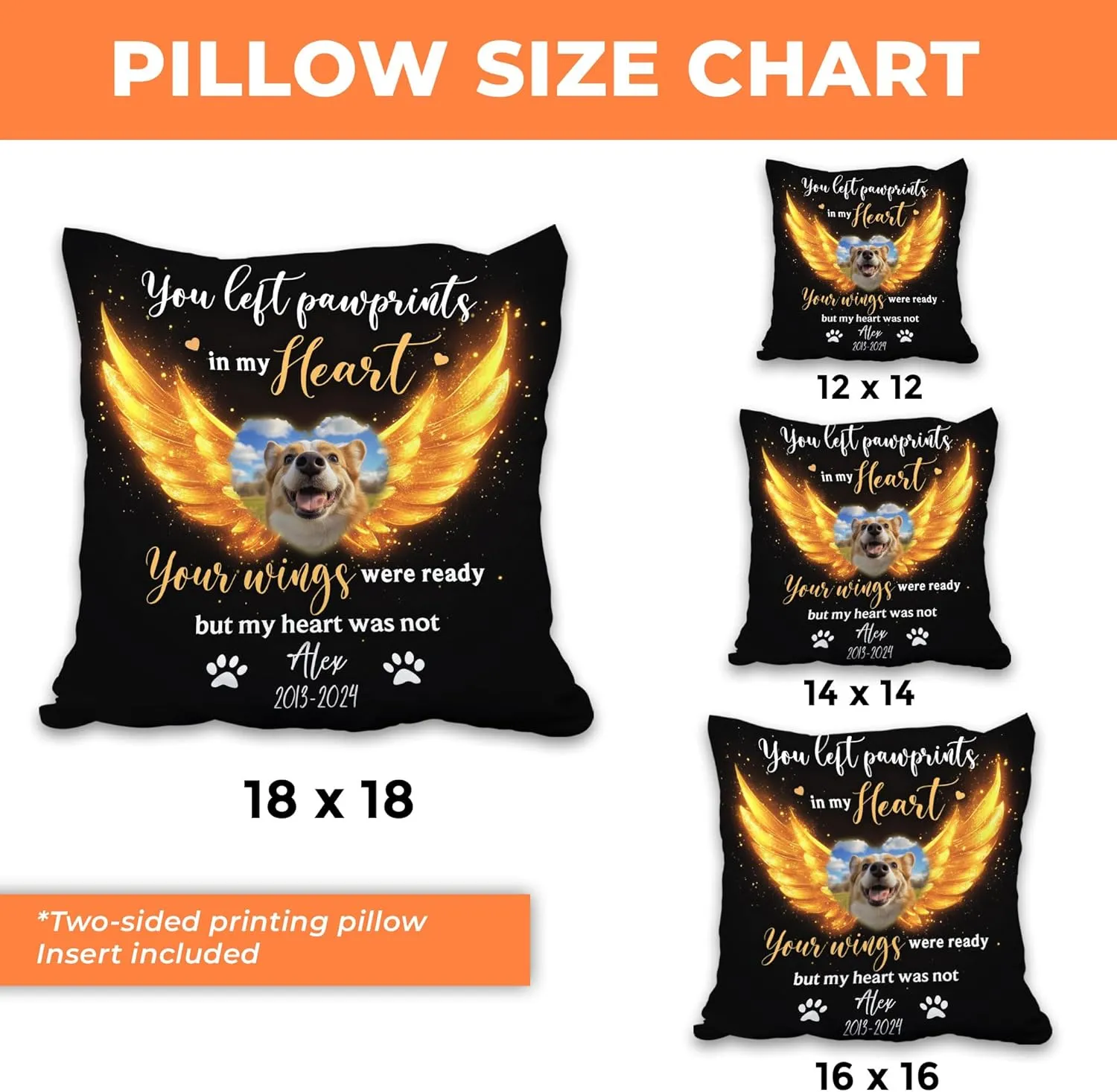 Personalized Memorial Sympathy Pillow with Insert 12"x12" Double-Sided Printed Gifts - Pet Loss Gifts - Remembrance Gifts for Loss of Dog Cat in Heaven - Custom Name Photo Sofa Home Decor