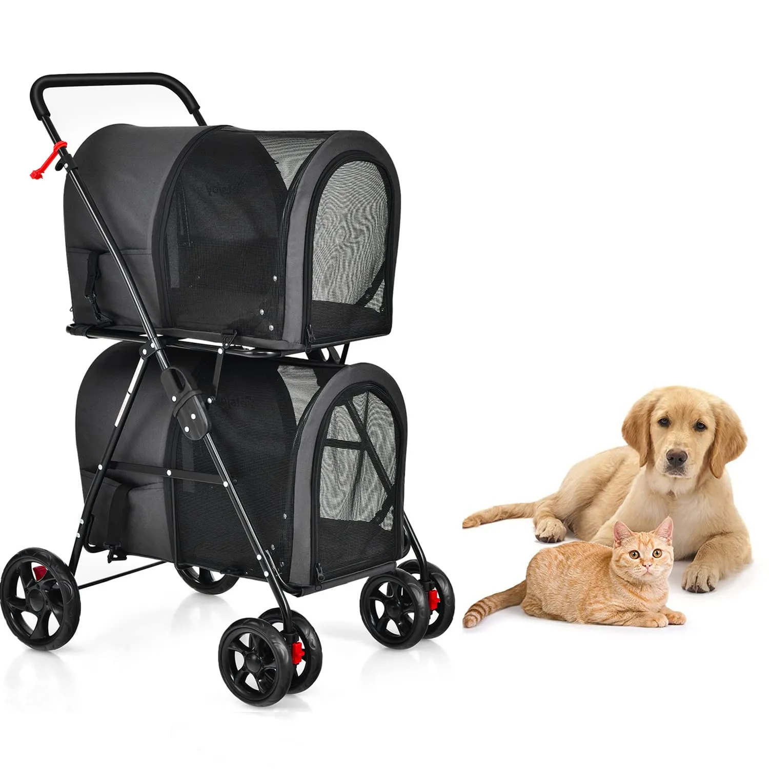 PETSITE Double Dog Stroller, Foldable Pet Stroller for 2 Dogs & Cats Small Medium Sized with Detachable Carrier on Wheels for Car Seat Walking Camping Travel (Black)