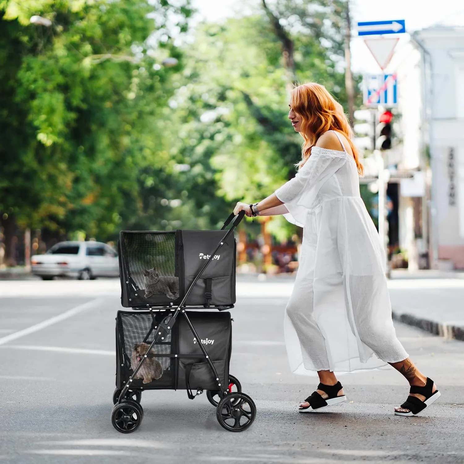 PETSITE Double Dog Stroller, Foldable Pet Stroller for 2 Dogs & Cats Small Medium Sized with Detachable Carrier on Wheels for Car Seat Walking Camping Travel (Black)