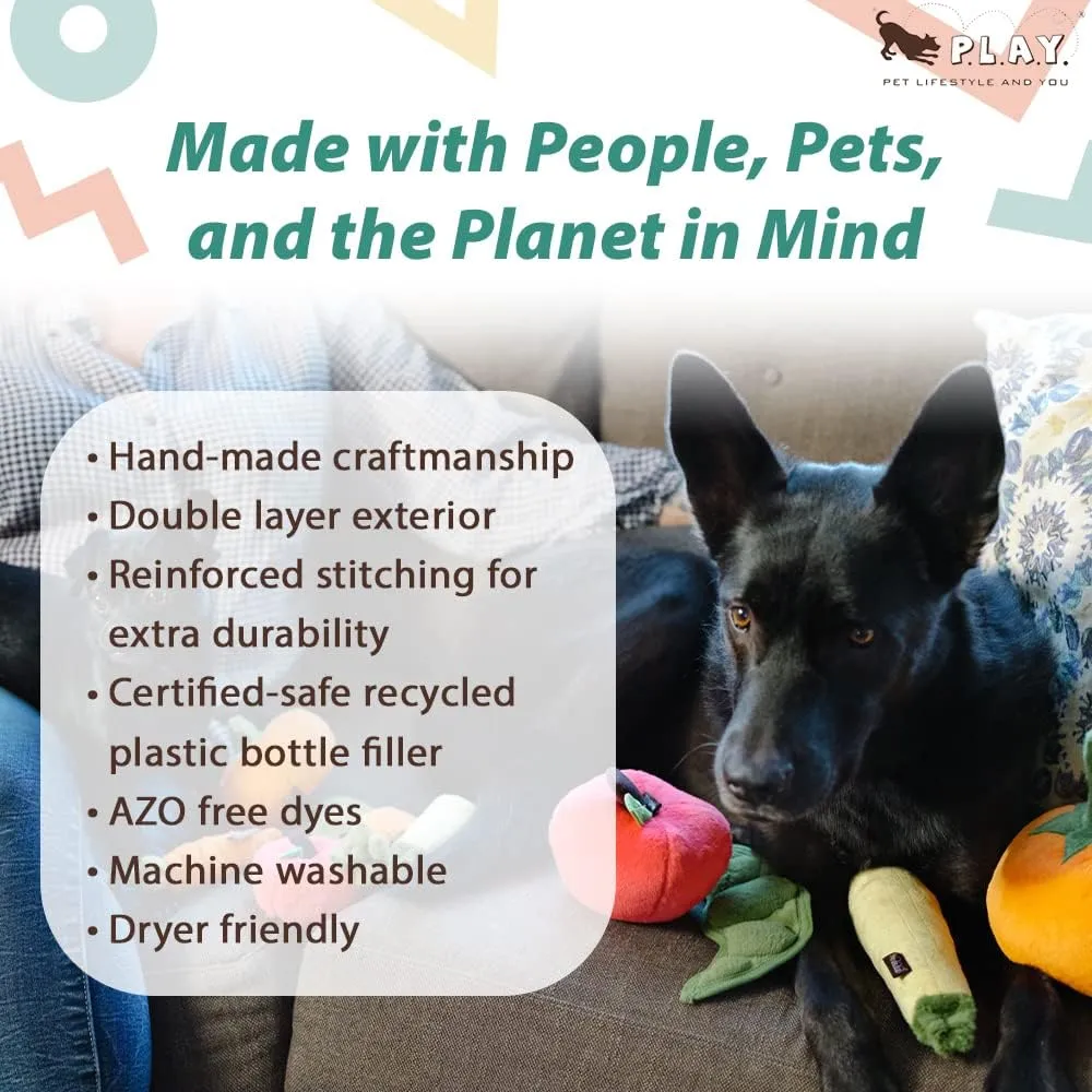 P.L.A.Y. Cute Plush Dog Toys - Fruit & Vegetable Themed Durable Squeaker Chew Toy, Great for Puppies & Small, Medium, Large Dogs - Machine Washable, Recycled Materials (Garden Fresh Peapod, X-Small)