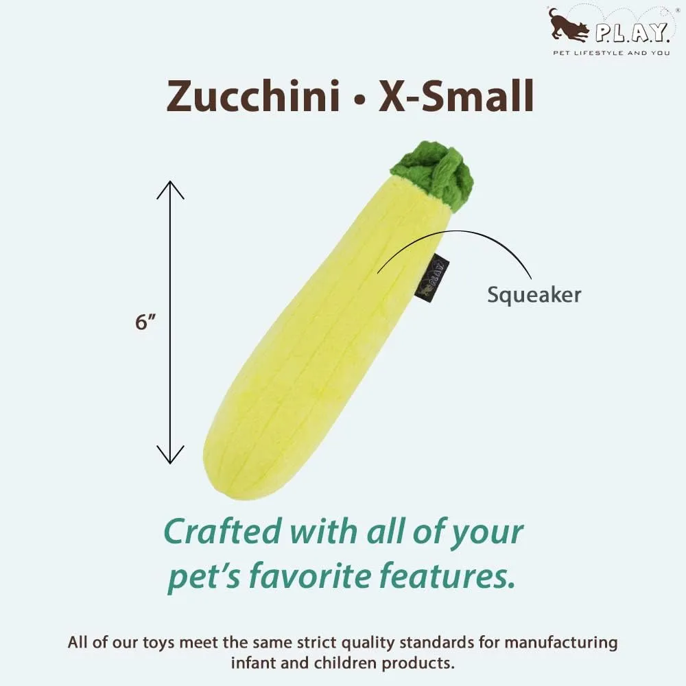P.L.A.Y. Cute Plush Dog Toys - Fruit & Vegetable Themed Durable Squeaker Chew Toy, Great for Puppies & Small, Medium, Large Dogs - Machine Washable, Recycled Materials (Garden Fresh Zucchini, X-Small)