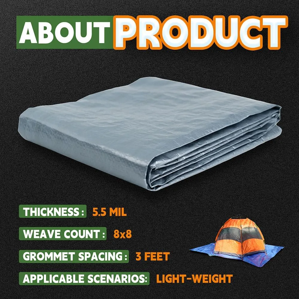 RAINDEWAY Tarps 6x8 Feet - 5.5 Mil, Multipurpose Waterproof Poly Tarp Cover with Metal Grommets and Reinforced Edges, Silver/Blue Tarp