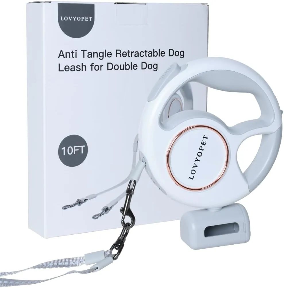 Retractable Two Dog Leash - Leash with LED Light, 360 Tangle-Free Swivel, Durable Stitching, One-Touch Lock, Ergonomic Grip - for Small to Medium (up to 33lb per Dog)