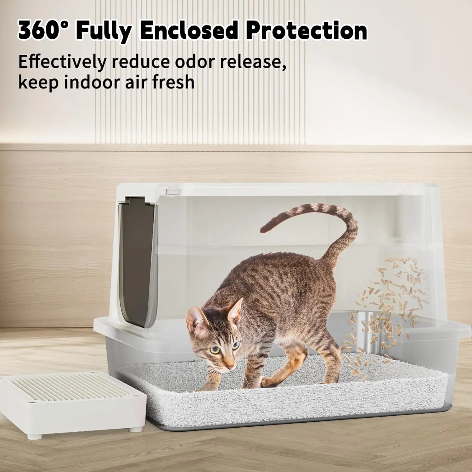 RIZZARI Stainless Steel Cat Litter Box, Enclosed Top-Entry Design, Large Capacity High-Sided Leak Proof Litter Pan for Cats, Easy Clean Pet Toilet (Beige, with Cat Litter)