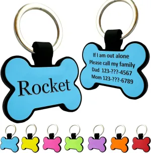 Silent Dog Id Tags Personalized Engraved, Silicone Pet Name Tag for Dogs and Cats in Bone Shape,7 Colors,4 Lines of Customizable Text (Pack of 1)(Blue)