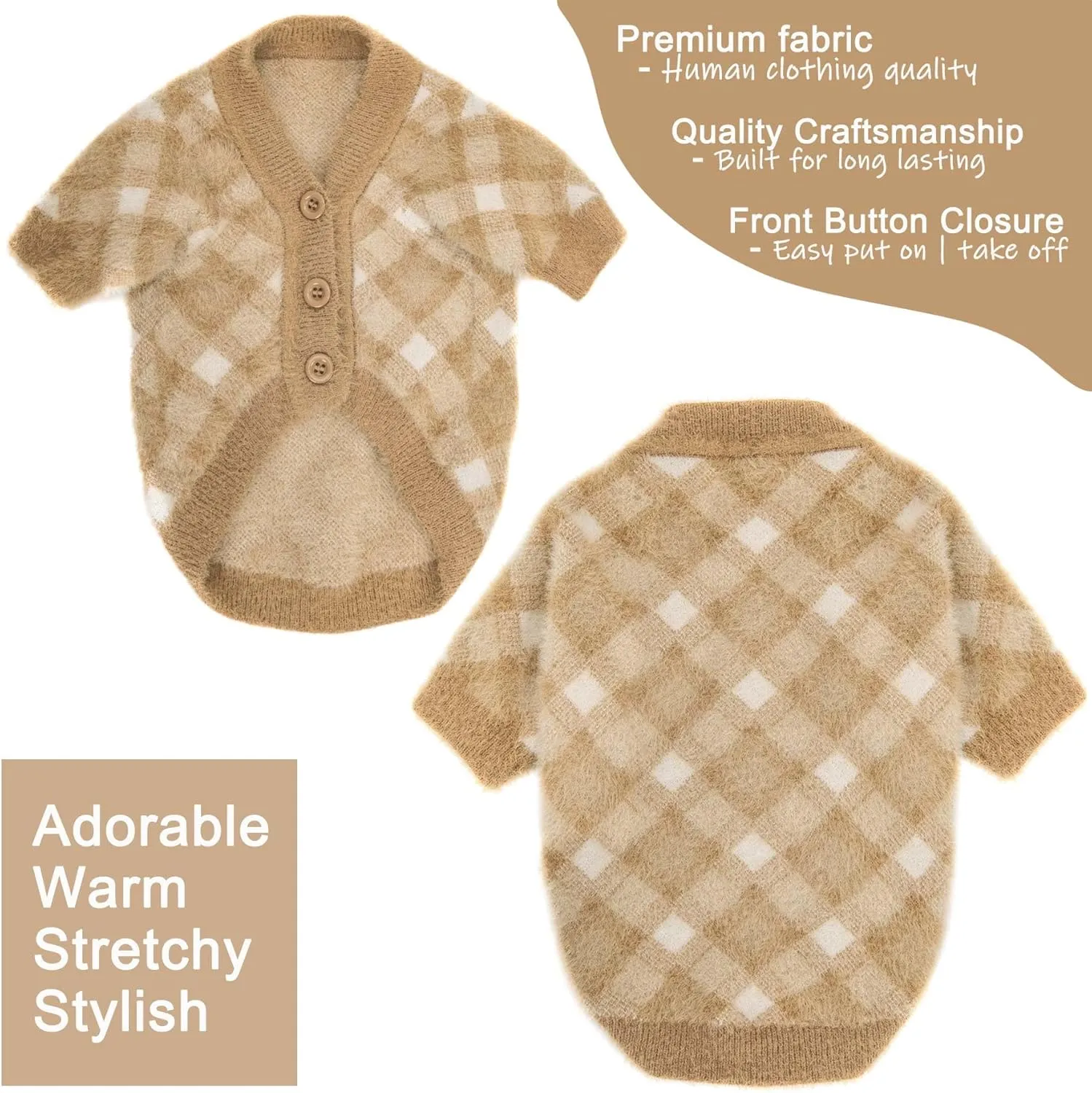 Small Dog Sweater - Winter Clothes for Dogs & Cats, Warm Knitwear Jacket, Winter Deluxe Coats for Puppies & Kittens, Doggy Costume XXS to XL, Pet Apparel (Camel, X-Small)