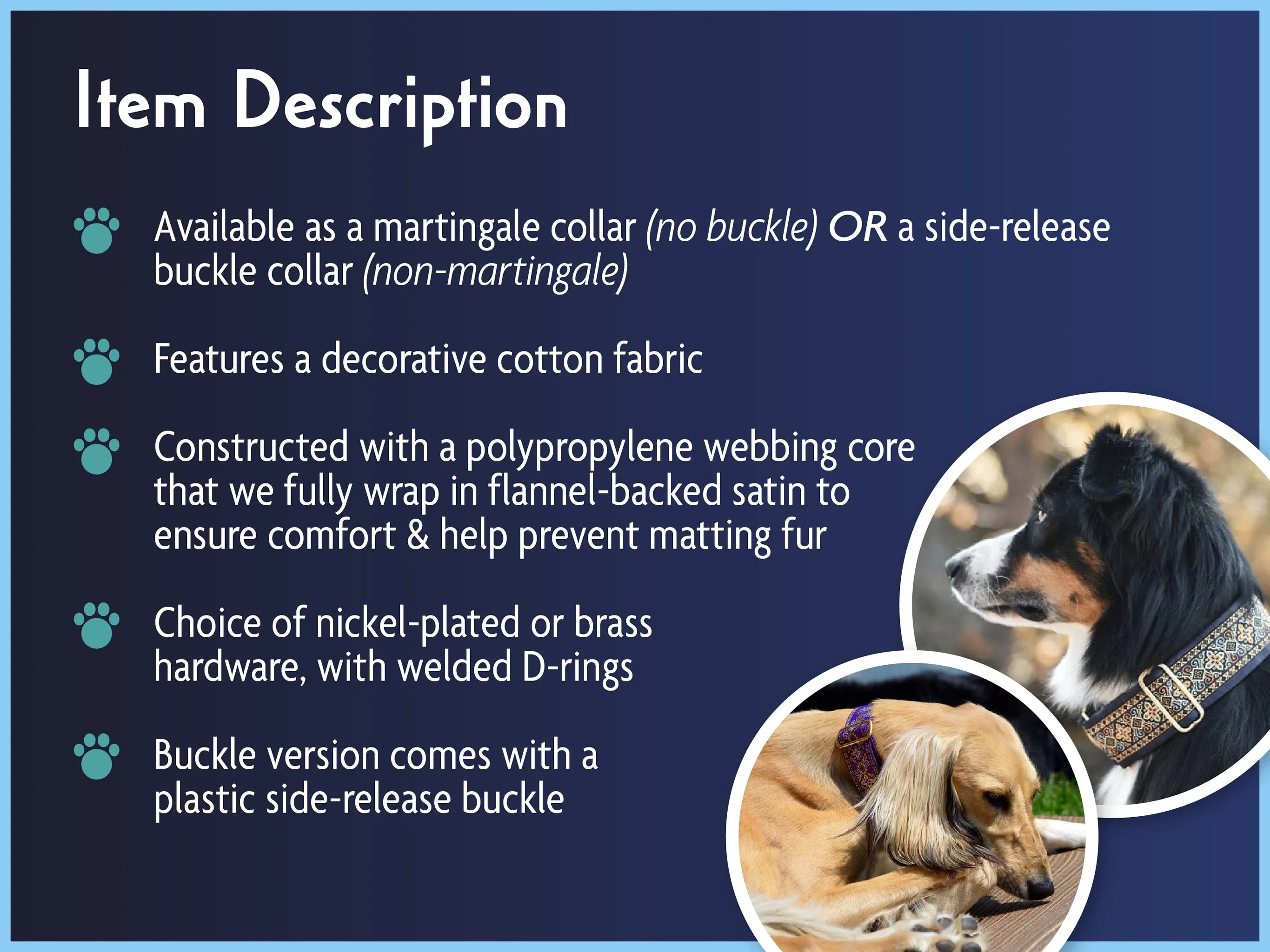 Snowflakes in Blue - Martingale Dog Collar or Buckle Dog Collar - 2" Width