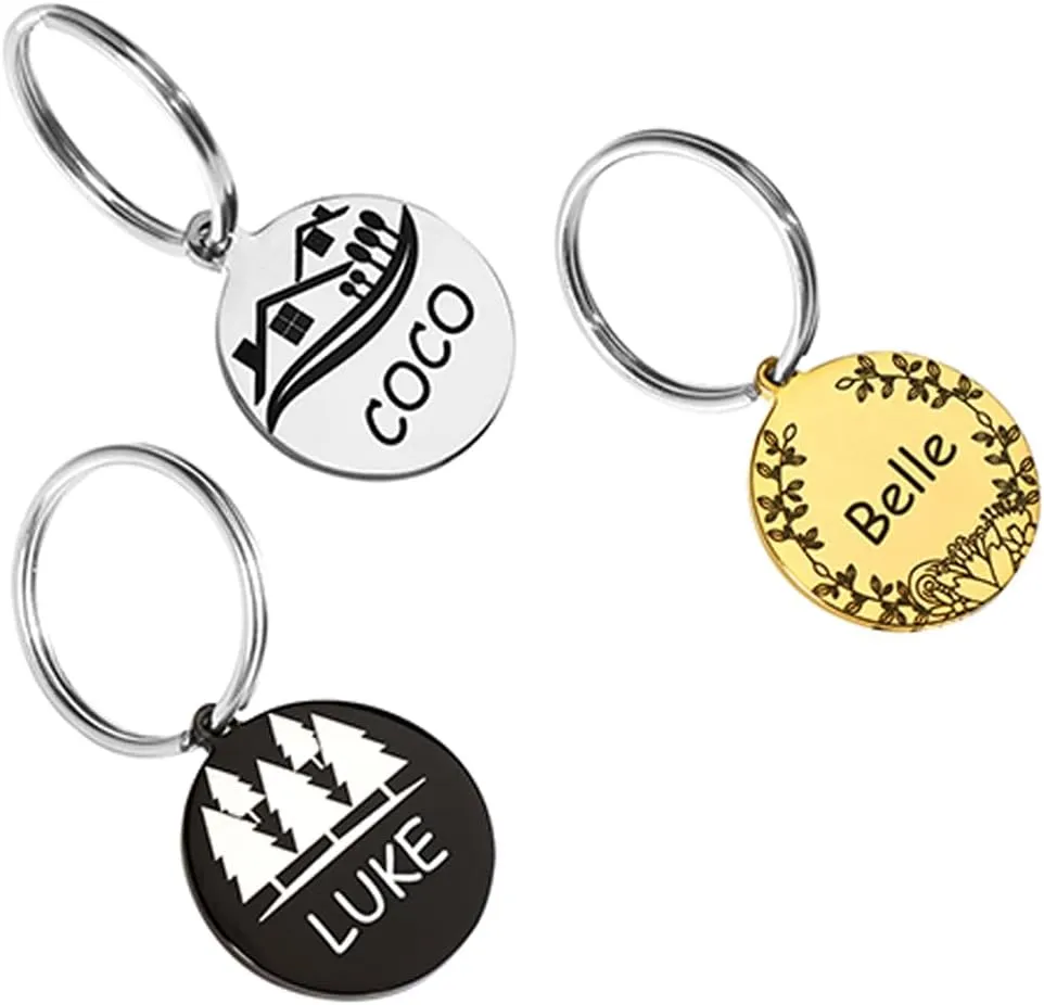 Stainless Steel Pet ID Tags, Personalized Dog and Cat Tags, Customized Dog Cat Name Tags Engraved on Both Sides in Round, Rectangle, Circle Shape