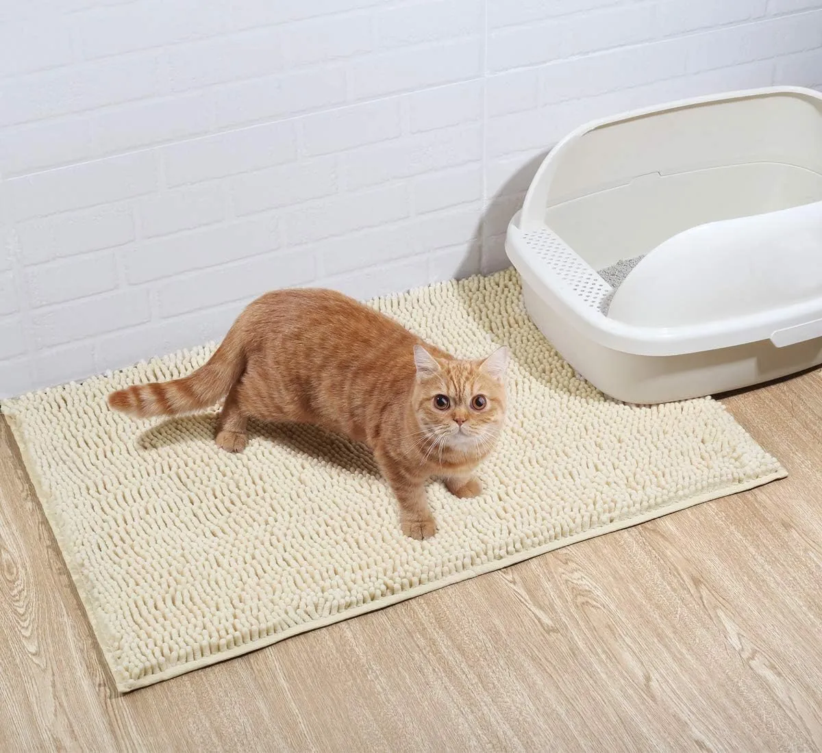 VIVAGLORY Cat Litter Mat, Litter Trapping Mat, 31" 20" Cat Kitty Litter Rug with Waterproof Back, Super Soft for Cat's Paws, Machine Washable, Beige