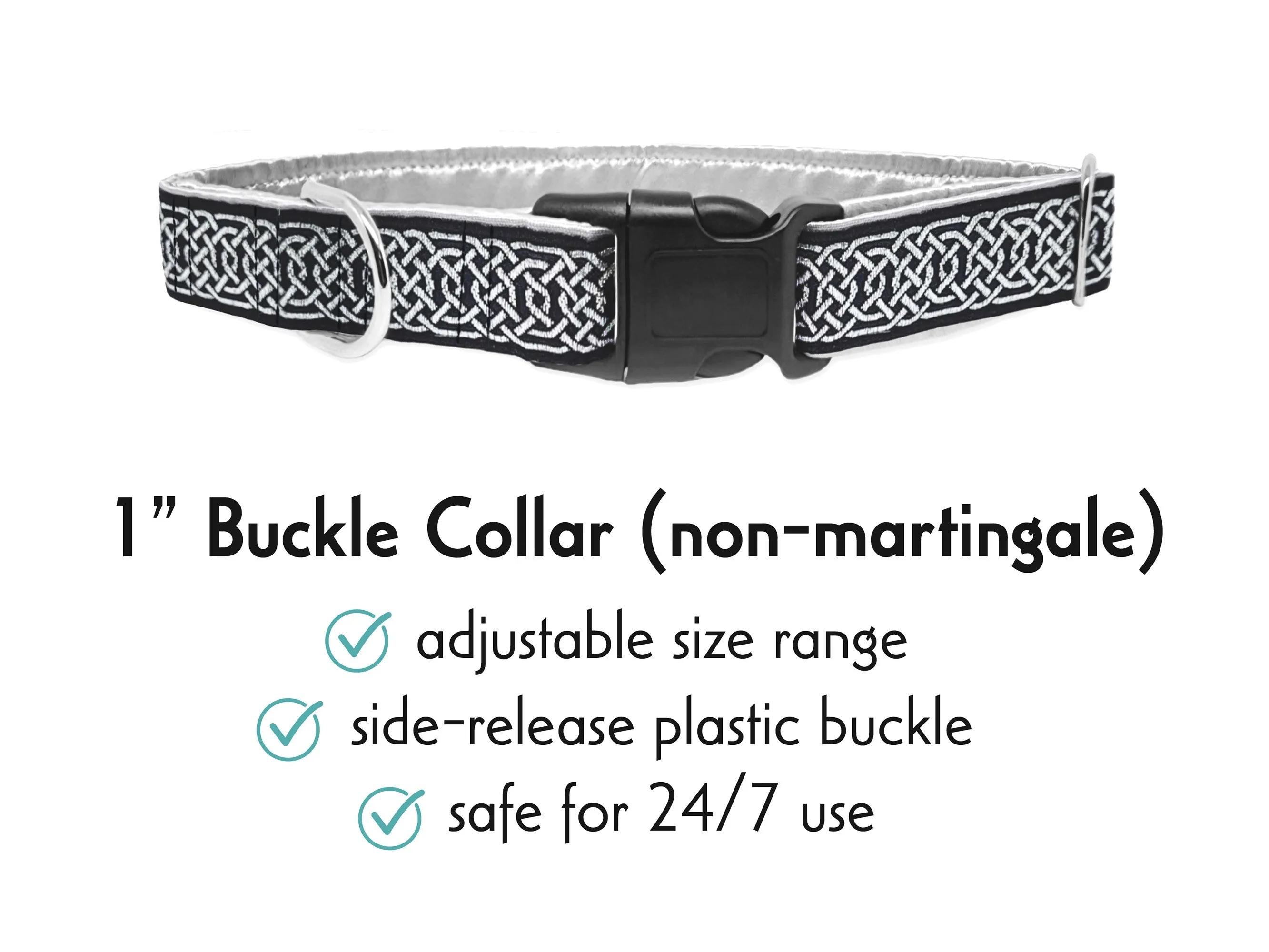 Wexford Celtic Braid in Metallic Silver & Black - Martingale Dog Collar or Buckle Dog Collar - 1" Width