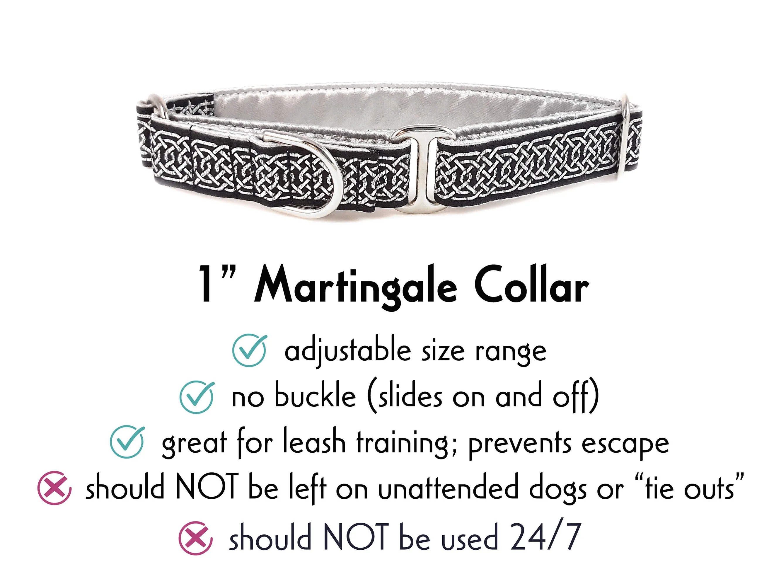Wexford Celtic Braid in Metallic Silver & Black - Martingale Dog Collar or Buckle Dog Collar - 1" Width