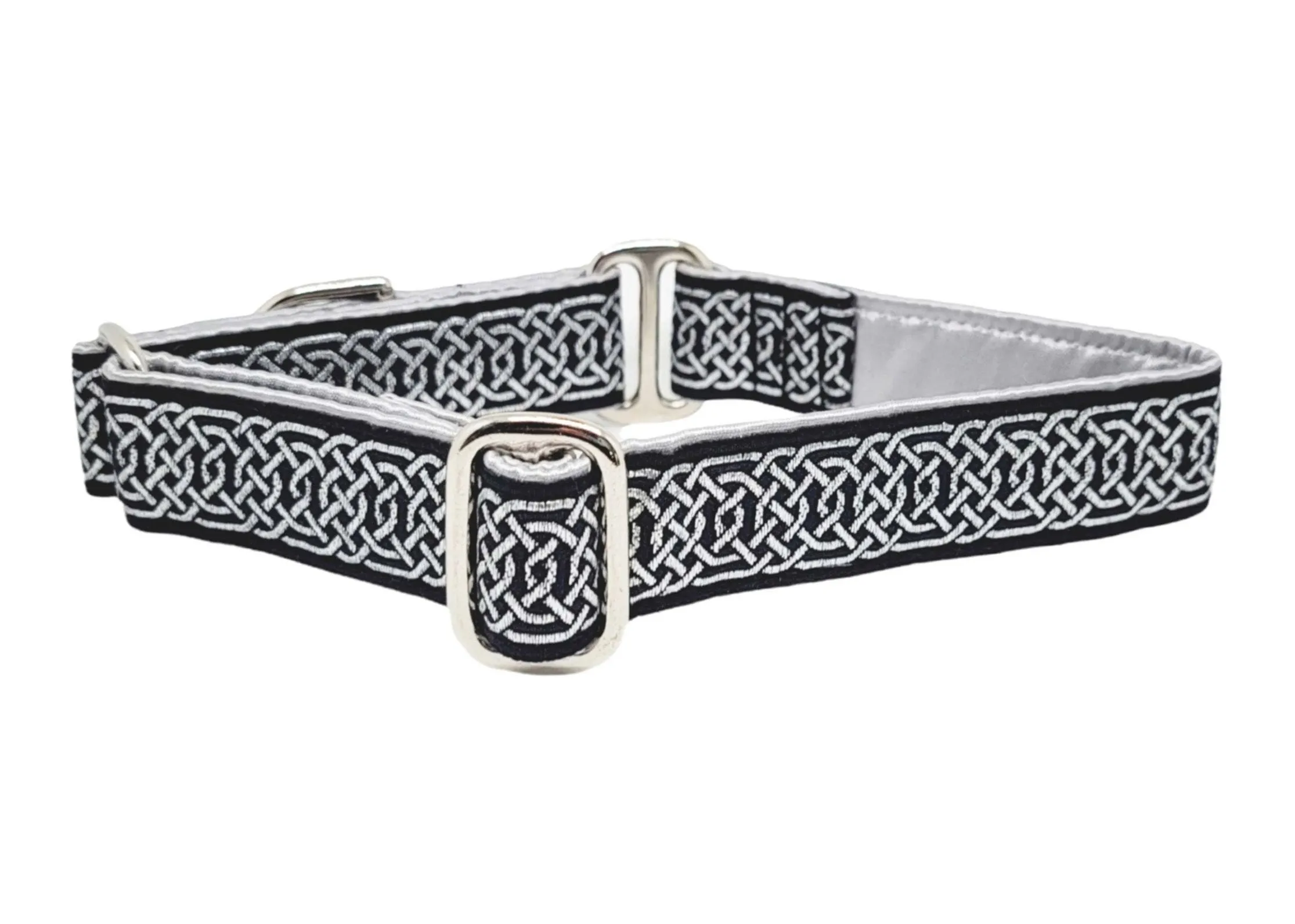 Wexford Celtic Braid in Metallic Silver & Black - Martingale Dog Collar or Buckle Dog Collar - 1" Width