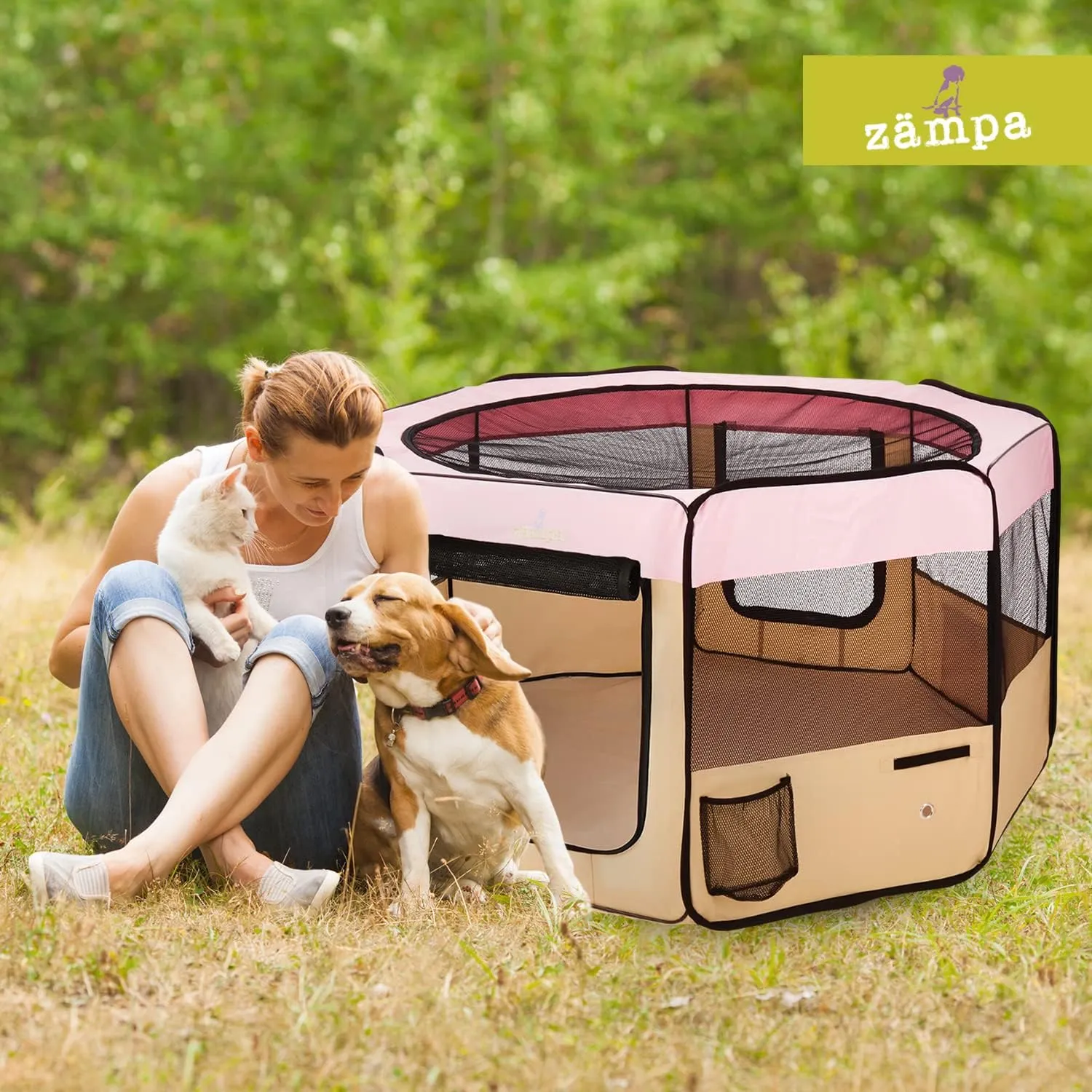 Zampa Dog Playpen Large 61"x61"x30" Pop Up Portable Playpen for Dogs and Cat, Foldable | Indoor/Outdoor Pen & Travel Pet Carrier   Carrying Case.