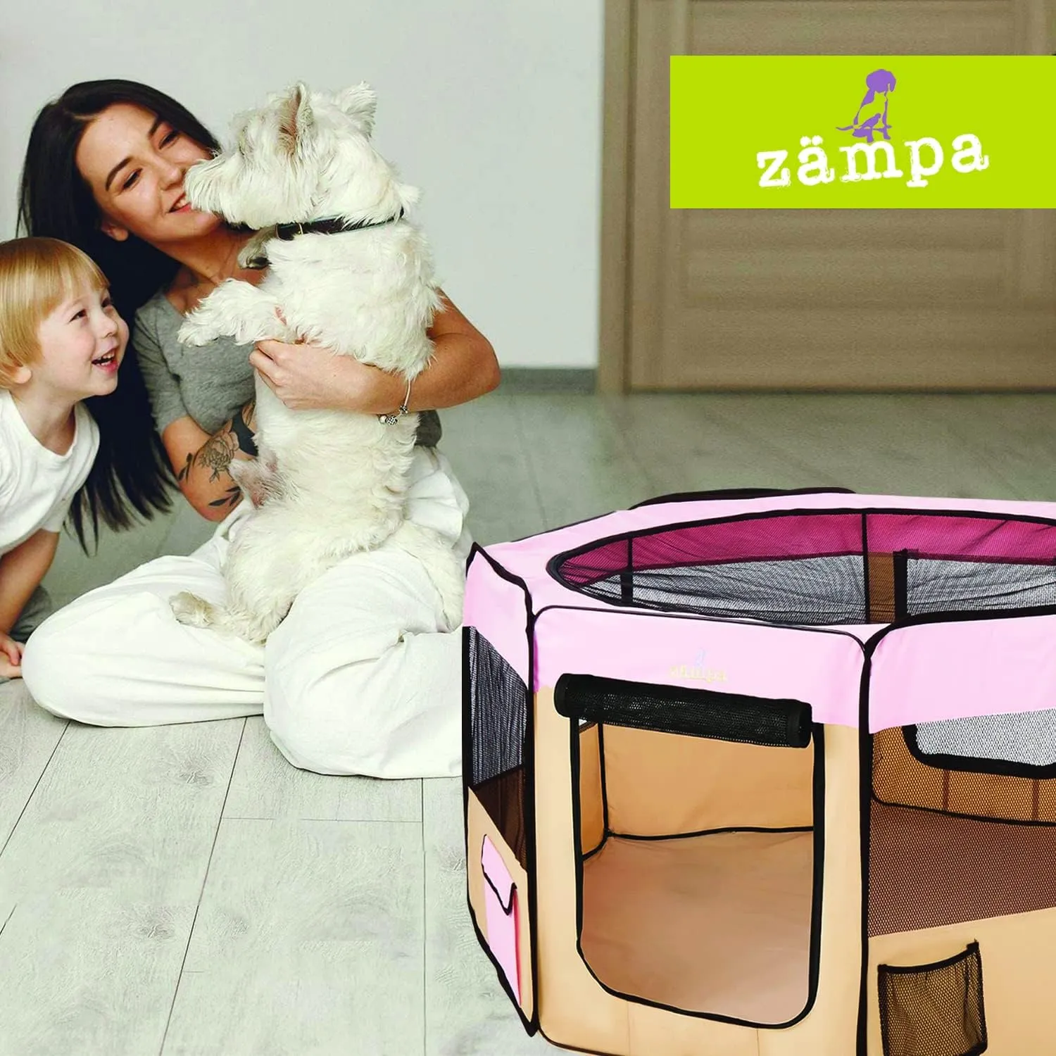 Zampa Dog Playpen Large 61"x61"x30" Pop Up Portable Playpen for Dogs and Cat, Foldable | Indoor/Outdoor Pen & Travel Pet Carrier   Carrying Case.