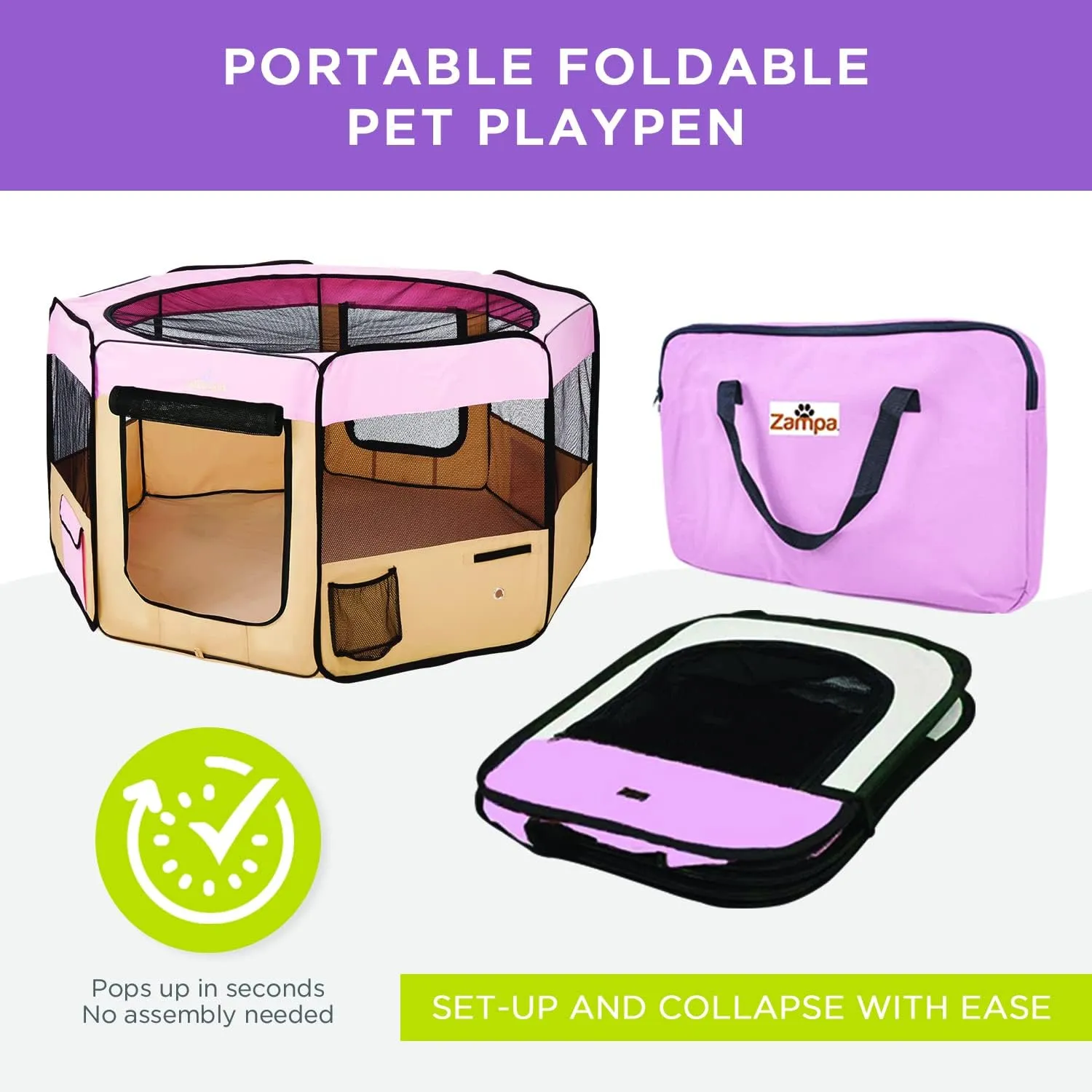 Zampa Dog Playpen Large 61"x61"x30" Pop Up Portable Playpen for Dogs and Cat, Foldable | Indoor/Outdoor Pen & Travel Pet Carrier   Carrying Case.