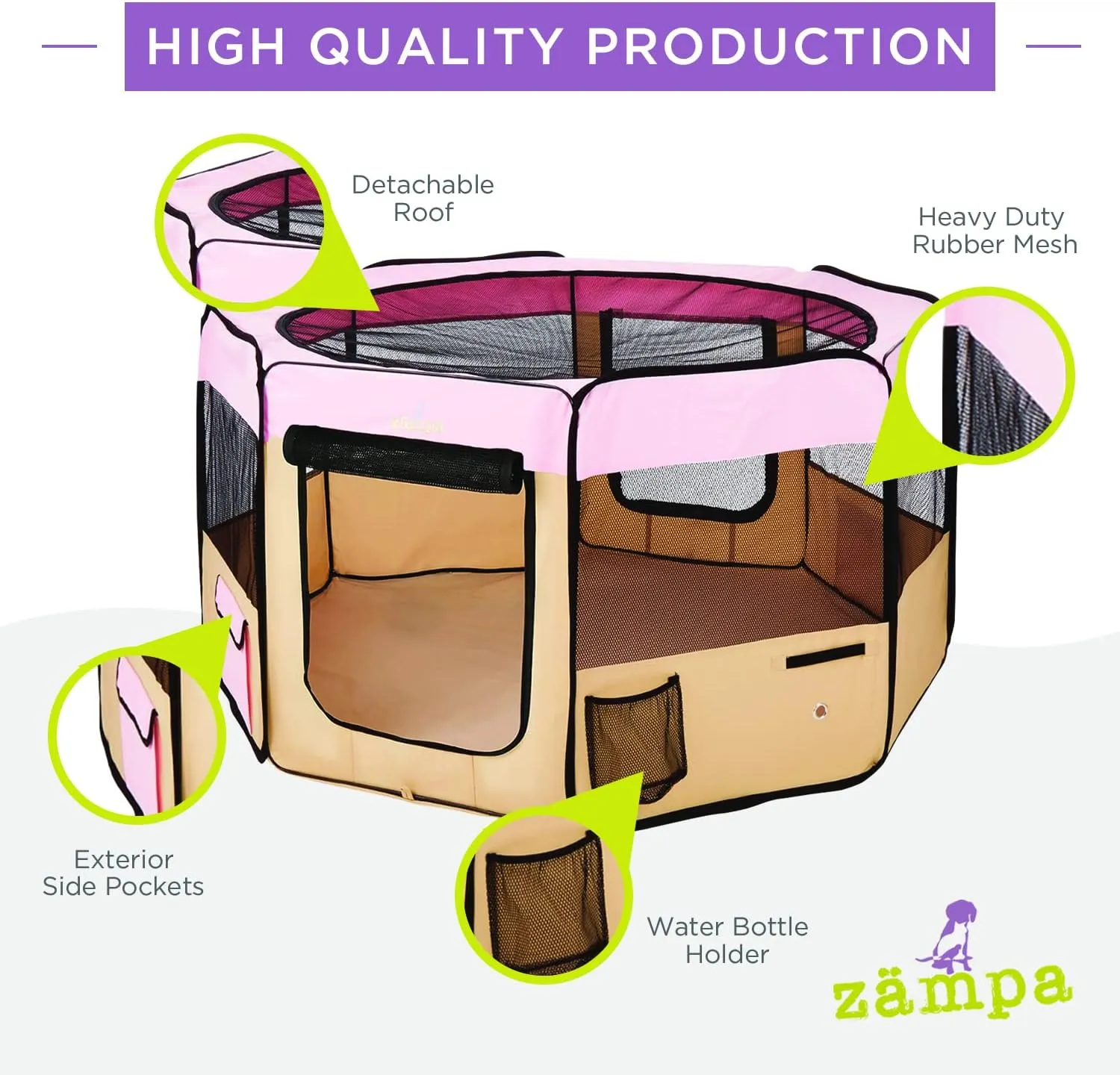Zampa Dog Playpen Large 61"x61"x30" Pop Up Portable Playpen for Dogs and Cat, Foldable | Indoor/Outdoor Pen & Travel Pet Carrier   Carrying Case.